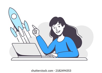 Business Project with Woman Character with Laptop and Rocket Launch Working with Startup Outline Vector Illustration