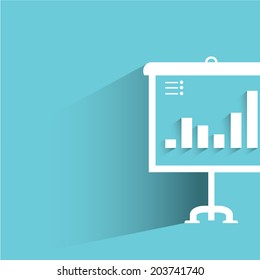 business projector screen, blue background, flat and shadow theme