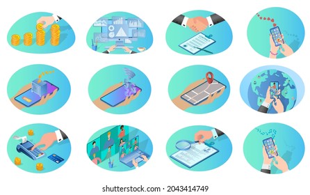 Business projects cash payments signing a contract online conferences using gadgets.A set of isometric icons vector illustrations on the topic of business and technology.