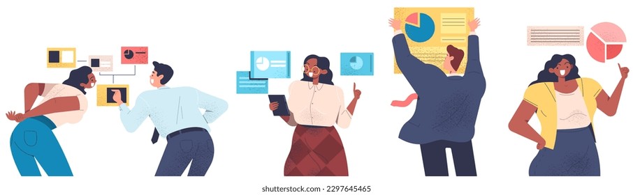 Concepto de proyectos empresariales. Colección de hombres y mujeres con gráficos y gráficos. Los personajes analizan las estadísticas y realizan investigaciones de marketing. Ilustraciones de caricaturas de vectores planos aisladas en fondo blanco