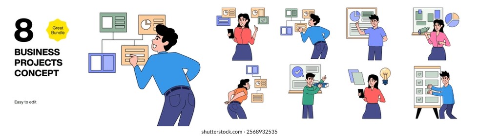 Business Projects Concept_ A Collection of Men and Women Engaging with Graphs and Charts. Analyzing Statistics and Conducting Marketing Research. Cartoon Flat Vector Illustrations on a White Backgroun