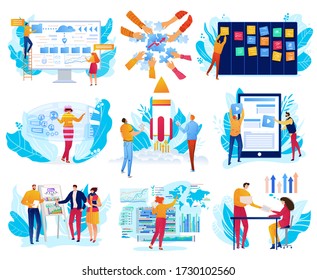 Business projects, graph work strategy concept, businessmen and digital tablet show graphs of change, reports, desktop, ideas isolated set of vector illustration. Business projects management.
