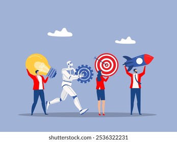 Producto de innovación de desarrollo de startups de proyectos empresariales, trabajo con inteligencia artificial, IA, equipo y robots que ejecutan aviones de papel, bombillas, engranajes, concepto de objetivos 