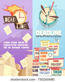 Business projects tasks deadline 2 vertical cartoon banners with symbolic target and burning alarm clock isolated vector illustration 