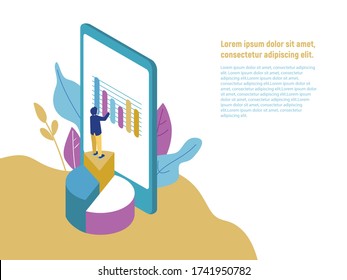 Business projects and workflows in isometric view. Online study, work, cloud servers, computer technology, search engines.