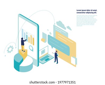 Business projects and workflows in isometric view. Online study, work, cloud servers, computer technology, search engines.