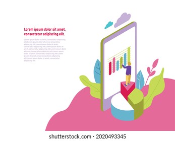 Business projects and workflows in isometric view. Online study, work, cloud servers, computer technology, search engines.