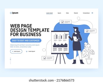 Business promoting and success 2D vector concept illustration. Businesswoman making presentation Flat character on cartoon background. Entrepreneurship colourful scene for mobile website presentation