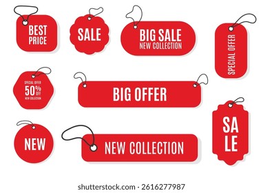 Business promotion with 3D sticker and sale badge includes collection of curved ribbons and scroll flyer design in pink retail banner with discount tag and isolated paper label for coming soon offer