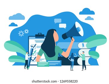 business promotion, advertising, call through the horn, online alerting, teamwork, business concept. Vector illustration