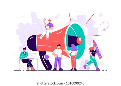 Business promotion, advertising, call through the horn, online alerting. Flat style vector illustration for web page, social media, documents, cards, posters. Group of people shouting on megaphone.