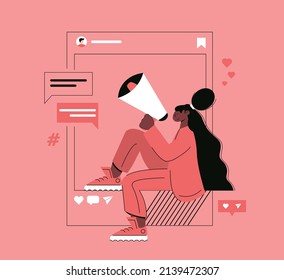 Business, promotion, advertising, social media, marketing concept. Influencer woman in the social profile frame. Girl shouting at megaphone sharing referral business partnership vector illustration.