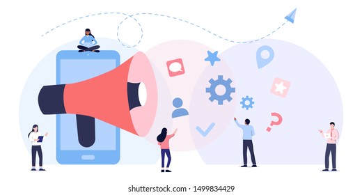 business promotion, call through the horn, online alerting. communication via the Internet, social media networking,chat, video,news,messages,web site, search friends. people talking in group chat 