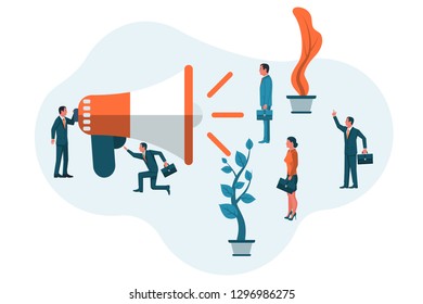 Business promotion concept. Businessman shouts into speaker manage people. Vector illustration flat design. Isolated on white background. Social media.