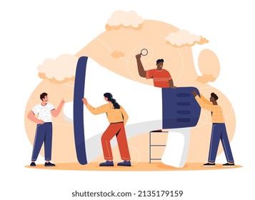 Business promotion concept. Characters near loudspeaker. Marketing methods, Internet and social networks. Marketing team, company development and sale of goods. Cartoon flat vector illustration