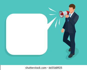 Business promotion concept. Isometric Man shouting through megaphone. Business man speaking through megaphone with speech bubble for your text or your design. 
