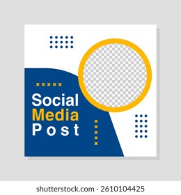 Business promotion on a blue and white social media post with a yellow circle.