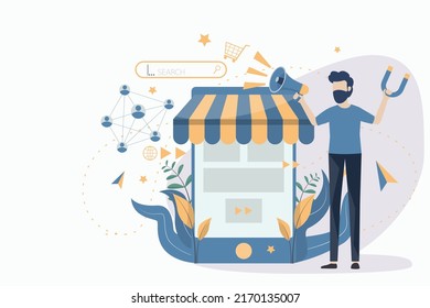 Business promotion on the Internet for a web page, advertising, Promotion and marketing. Influencer marketing. Communication business or digital customer research process strategy illustration.