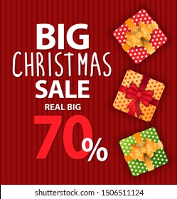 Business promotion of real big Christmas sale, 70 percent off. Winter holiday postcard decorated by present box with polka dotted pattern and discount icon. Xmas card with gift logo and price vector