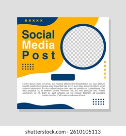 Business promotion social media post template with blue and yellow accents.