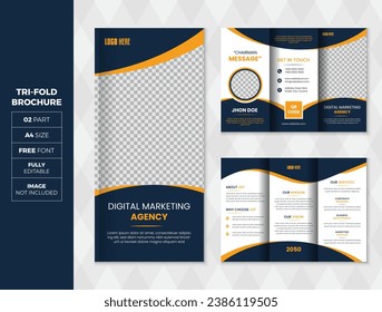 Business promotion Tri-fold brochure template, 
2 page 3 folded business profile, 
Creative shape business, 
business promotion brochure template