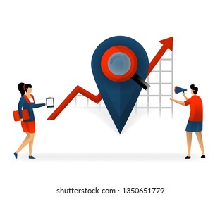 Business and promotion of vector illustration. location determines right keyword. determine keywords based on location. Good and targeted SEO. internet marketing online. SEO logo. flat character style