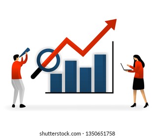 business and promotion of vector illustration. SEO logo, analyze and search for keywords and determine sales growth targets, charts with stable and increasing growth.flat character style