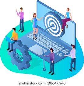 Business promotion.Joint work on business development.Teamwork and digital marketing.3d image.Isometric vector illustration.