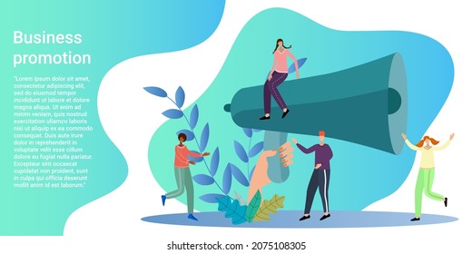 Business promotion.People and a big megaphone promote goods and services.Advertising and business promotion.Poster in business style.Flat vector illustration.