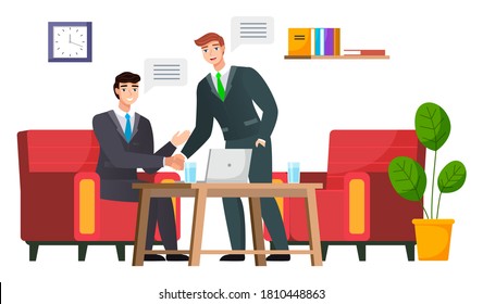 Business propasal for partner. Man make agreement deal handshake. Hiring interview. Colleagues discuss project. Teamwork idea. Accepting proposals for investment in finance and exchanging ideas