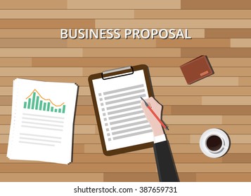 business proposal document with clipboard graph and wood background