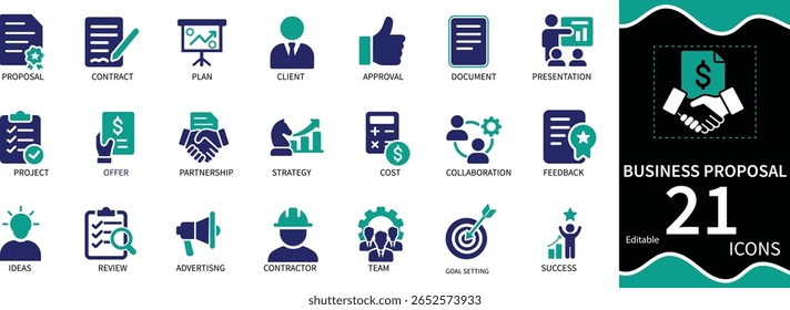 Business Proposal Icon Set Document, Strategy, Agreement, Pitch, Planning Icons.