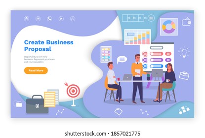 Business proposal, landing page of business website, businesspeople, teamwork, colleagues working, analysing charts, diagram, financial statistics, strategy of work, communication of workers