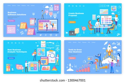 Business proposal and tools for grow, analysis techniques and software web page vector. Graphics and rocket, website template, landing page flat style