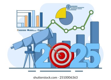 conceito de perspectiva de negócios para 2025, estimativa ou plano futuro, visão de sucesso futuro, meta ou conquista do ano novo, meta ou expectativa da empresa. ilustração vetorial plana sobre fundo branco.