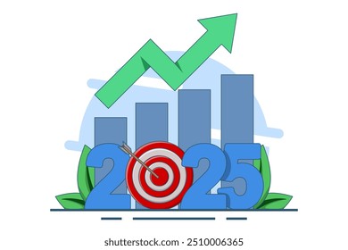 conceito de perspectiva de negócios para 2025, estimativa ou plano futuro, visão de sucesso futuro, meta ou conquista do ano novo, meta ou expectativa da empresa. ilustração vetorial plana sobre fundo branco.