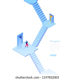 Business prospect - modern isometric vector web banner on white background with copy space for your text. High quality illustration with businessman standing on the staircase, thinking where to go