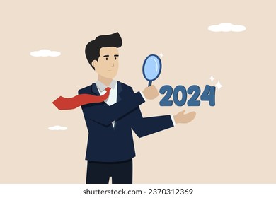 Business prospects for 2024, planning or forecasting, vision of future success, new year achievement targets, smart business people looking with a magnifying glass for 2024 for business prospects.