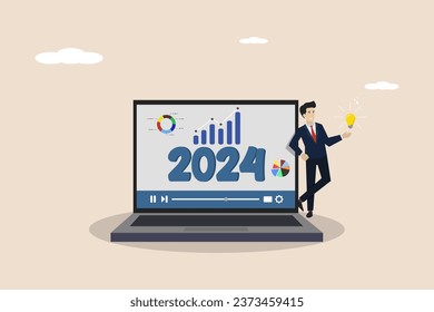 Business prospects for 2024, planning or forecasting, vision of future success, new year achievement targets, smart business people analyzing business prospects for 2024. Illustration of a successful.