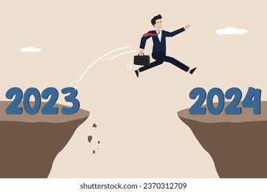 Business prospects in 2024, planning or preparation, vision of future success, new year achievement targets, smart business people jump from the cliff of 2023 to the cliff of 2024.