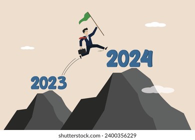 Business prospects in 2024, business targets in 2024, vision of future success, achievement targets for the new year, smart business people jumping from the top of the mountain in 2023 in 2024.