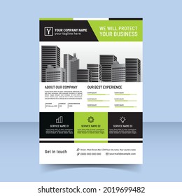 business protection agency flyer template design, green black modern design