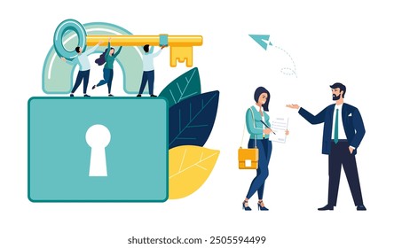 Business protection, bank. Workers carry a golden key to open the lock. Business people. Presentation. Businessman and woman write financial development plan, profit, banner. Vector illustration