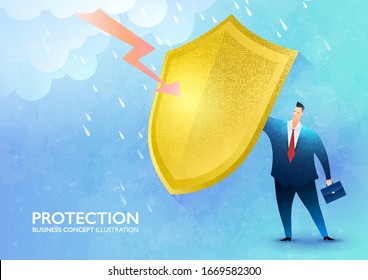 Business protection concept. Businessman rising the golden shield against rainstorm and lightning protecting himself from harm. Business vector illustration.