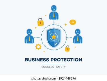 Business Protection concept for success and safety, Three businessman surround the , security shield in blue colour tone