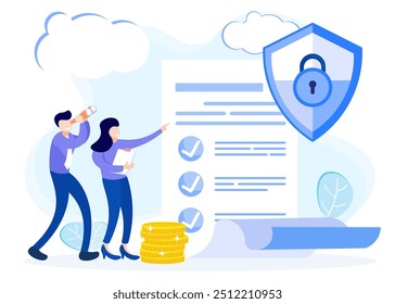 Ilustração vetorial do conceito de proteção aos negócios.  Cooperação comercial, empréstimos garantidos, garantias, finanças, tópicos colaterais.  As pessoas protegem seu dinheiro e suas economias com escudos.