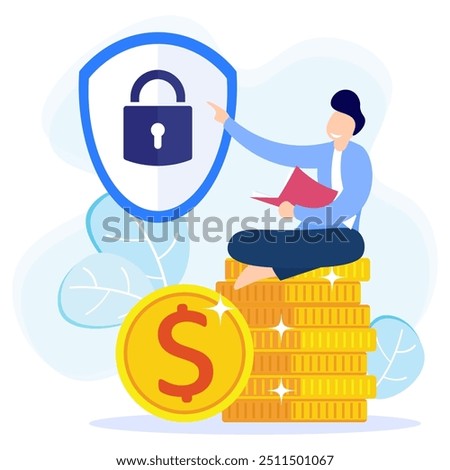 Business protection concept vector illustration.  Trade cooperation, secured loans, guarantees, finance, collateral topics.  People protect their cash and savings with shields.