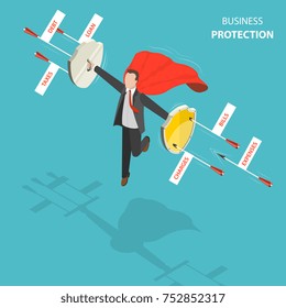 Business protection flat, isometric low poly vector concept. Man with a red cloak is hovering over the ground like a superhero with shields in his hands defending from arrows
