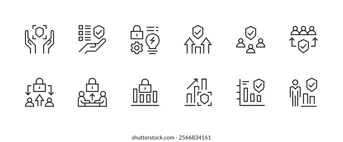 Business protection icon collection. Insurance, shield, protection, privacy, social security, safety, coverage, risk management and more. Editable stroke. Pixel Perfect. Grid base 32px.