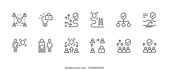 Business protection icon collection. Insurance, shield, protection, privacy, social security, safety, coverage, risk management and more. Editable stroke. Pixel Perfect. Grid base 32px.